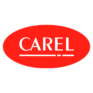 Logo CAREL in testo bianco su sfondo ovale rosso.