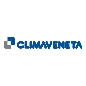 Logo Climaveneta in blu e grigio su sfondo bianco.