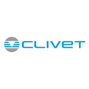 Logo CLIVET in blu con emblema circolare grigio su sfondo bianco.