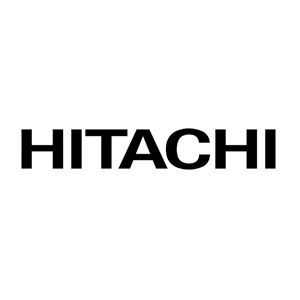 Logo Hitachi in lettere nere in grassetto su sfondo bianco.