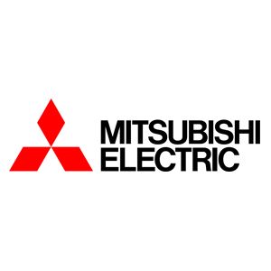 Logo Mitsubishi Electric con emblema a tre diamanti rossi e scritta nera su sfondo bianco.