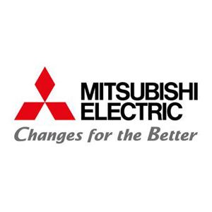 Logo Mitsubishi Electric con emblema rosso e slogan