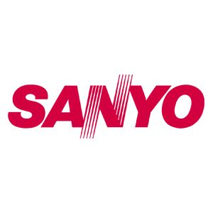 Logo SANYO rosso con una N stilizzata a strisce su sfondo bianco.