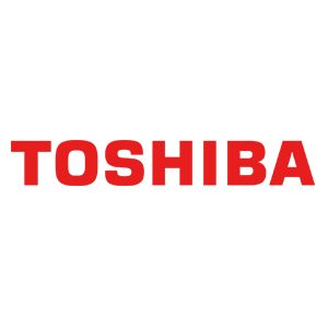 Logo Toshiba rosso su sfondo bianco.