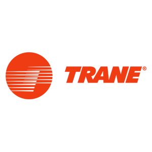 Logo Trane: cerchio arancione con linee orizzontali bianche e scritta TRANE arancione su sfondo bianco.