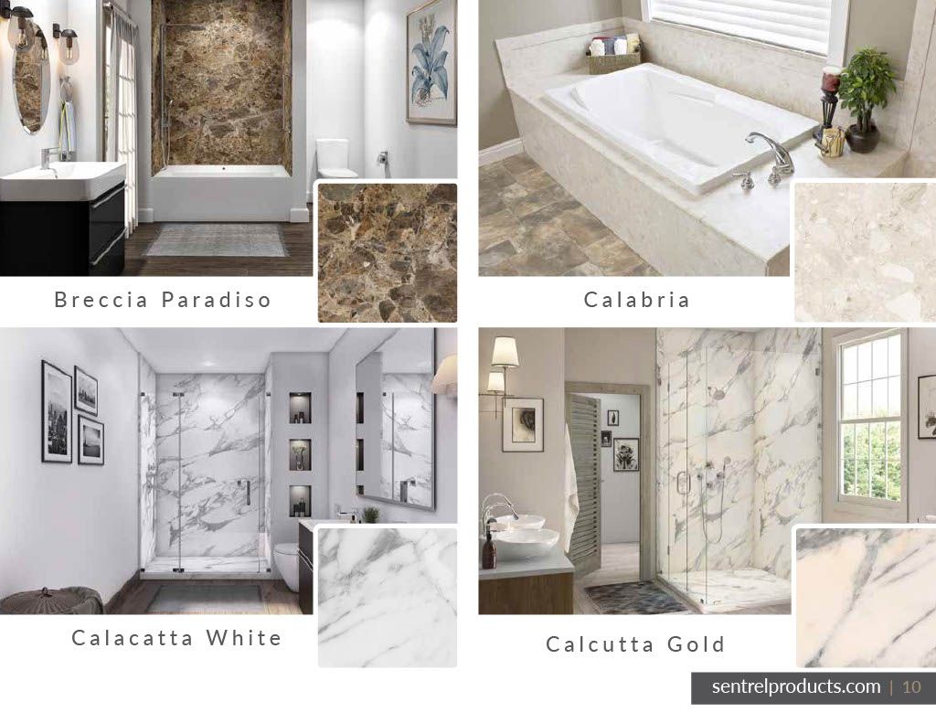 A collage of pictures of bathrooms with different marbles