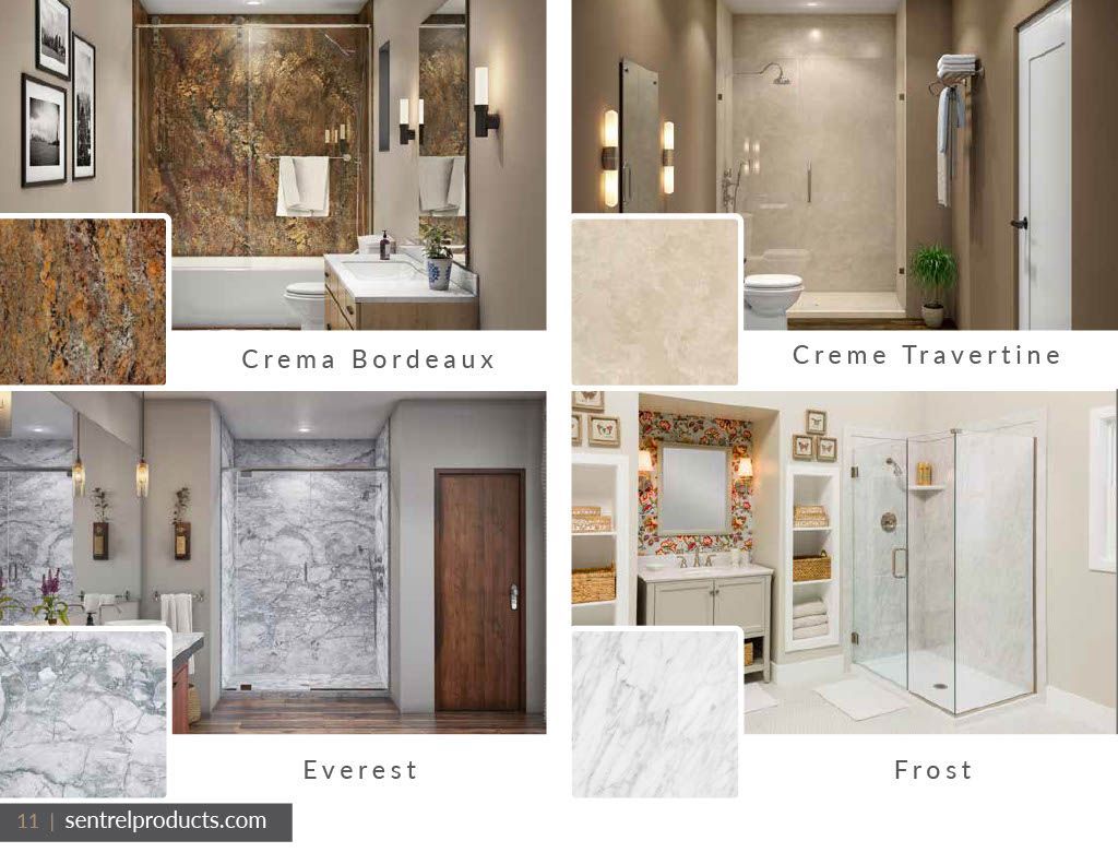 A collage of pictures of bathrooms including everest and frost