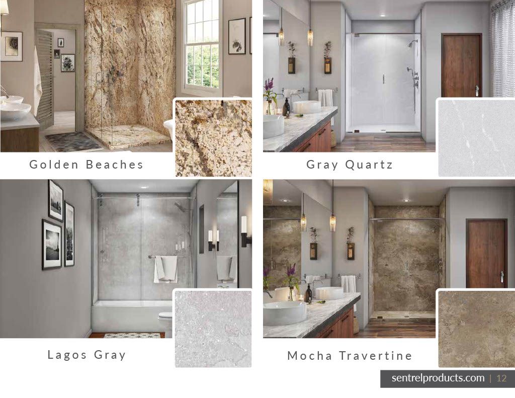 A collage of bathrooms with different colored counter tops
