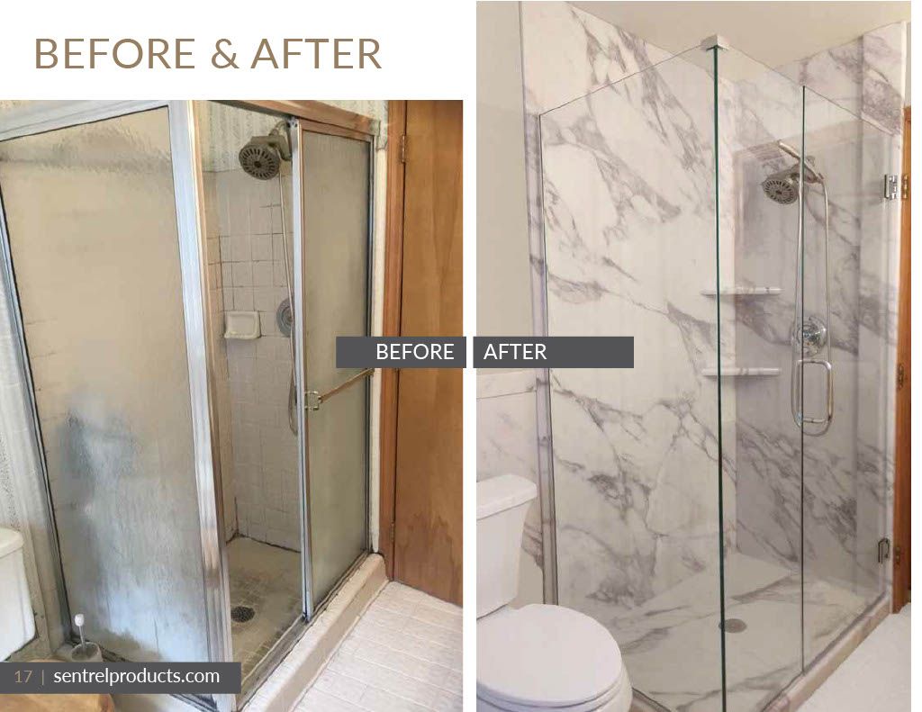 A before and after photo of a bathroom shower