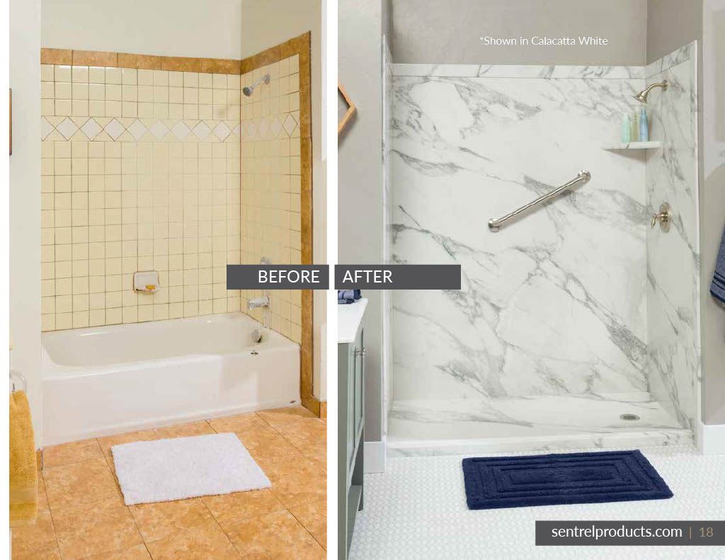 A before and after photo of a bathtub and shower