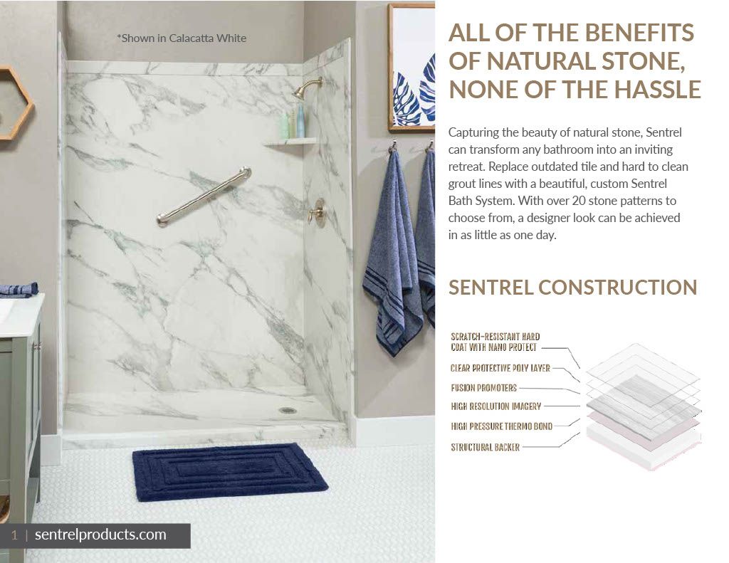 A bathroom with a shower and a sign that says all of the benefits of natural stone none of the hassle