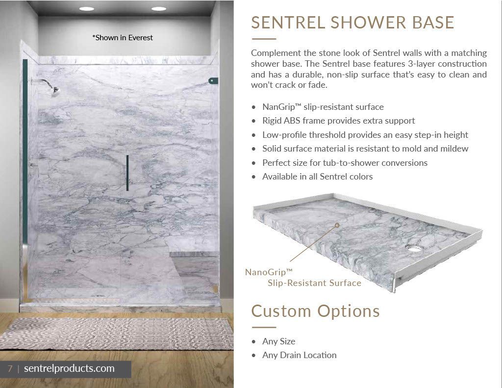 A picture of a shower base and a picture of a shower door.
