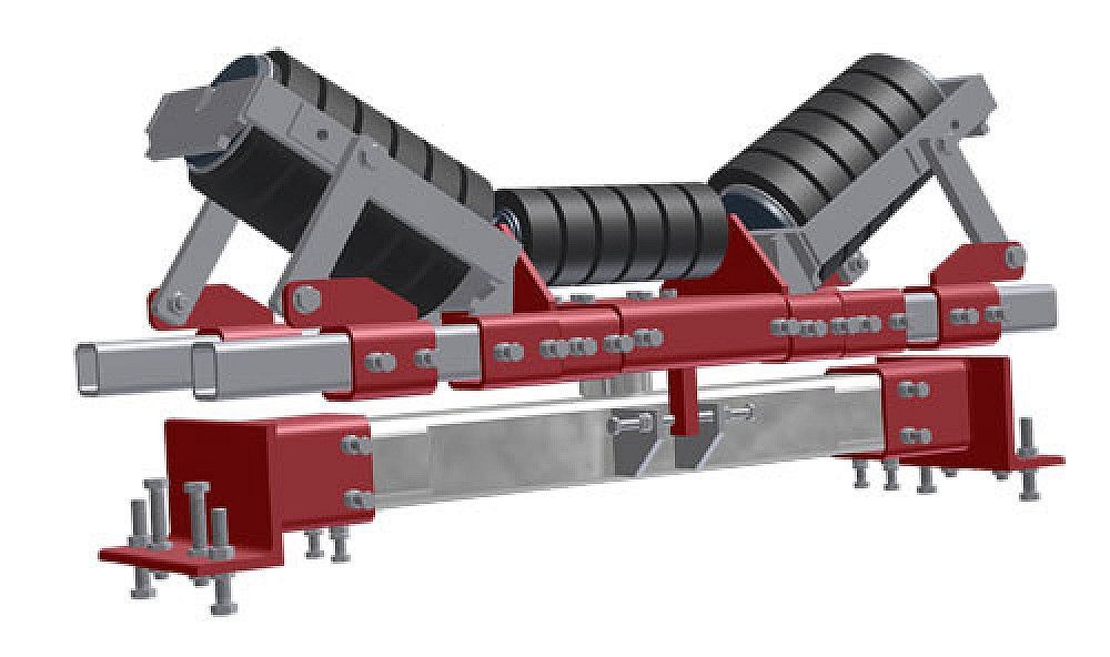 A 3d model of a conveyor belt on a white background.