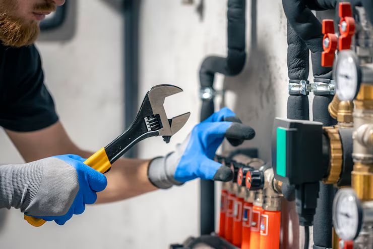 Plumber wearing gloves uses a wrench on pipes in a mechanical room.