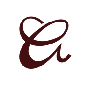 A stylized, dark red cursive letter