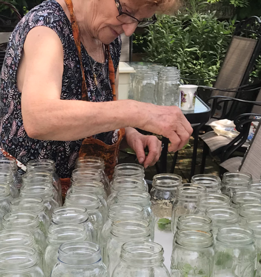 A person in a patterned apron places herbs into many empty glass jars arranged on a table outdoors.