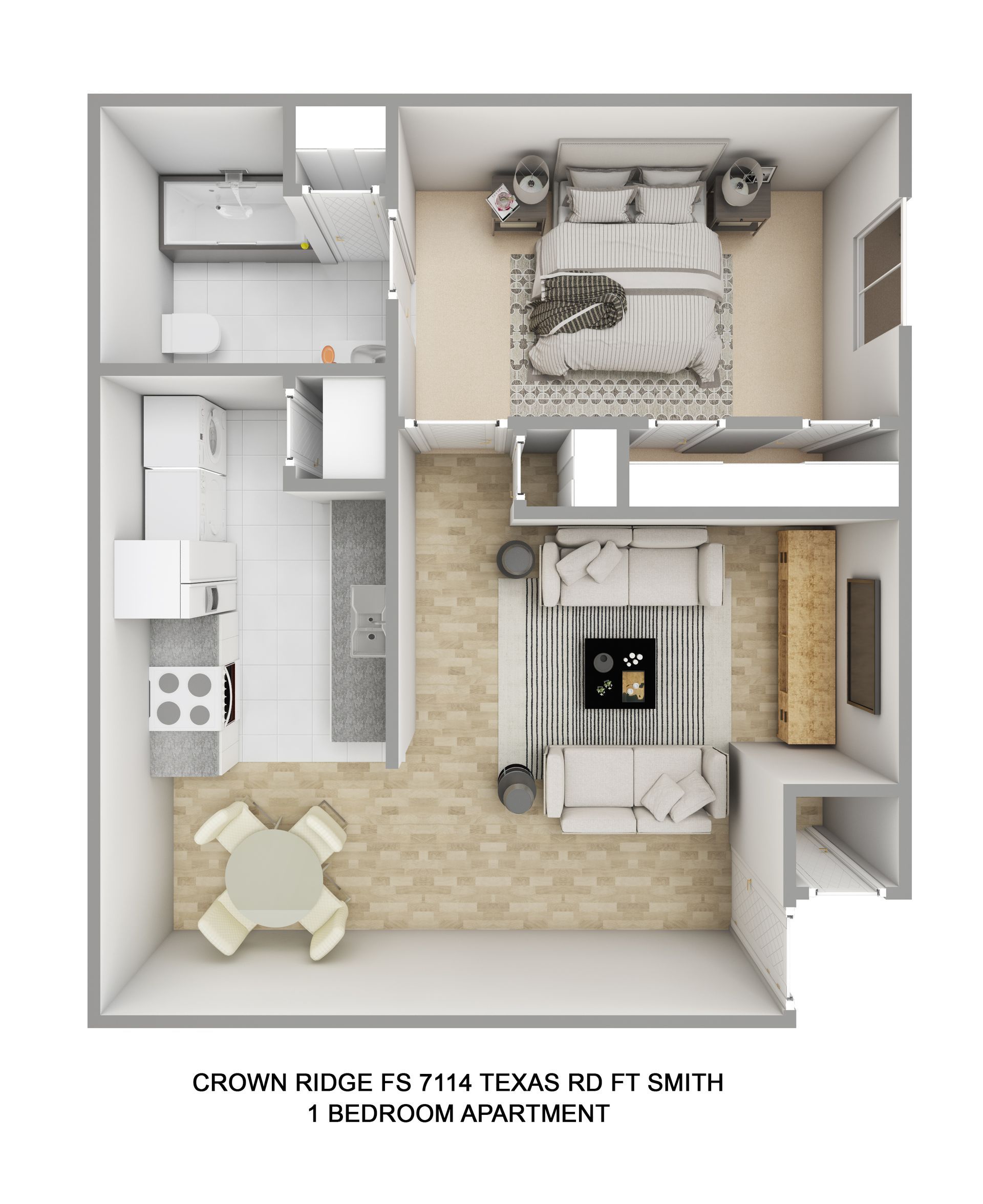 A 3d floor plan of a small apartment with a living room , dining room , and kitchen.