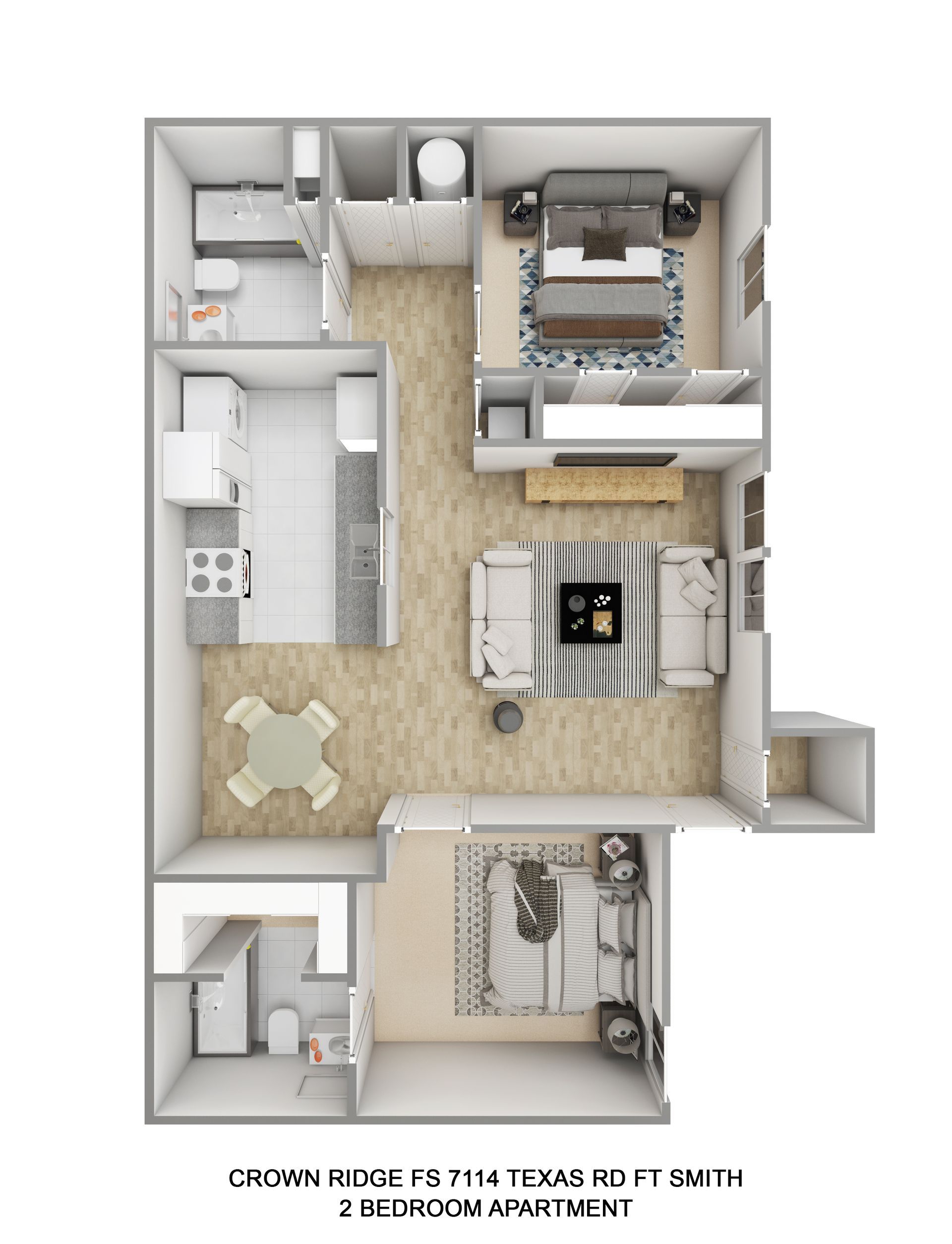 A 3d floor plan of a single bedroom apartment.