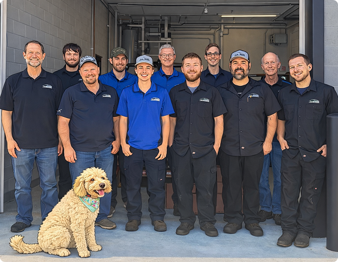 A group of workers in navy uniforms stands with a curly-haired dog in a garage-like workshop.