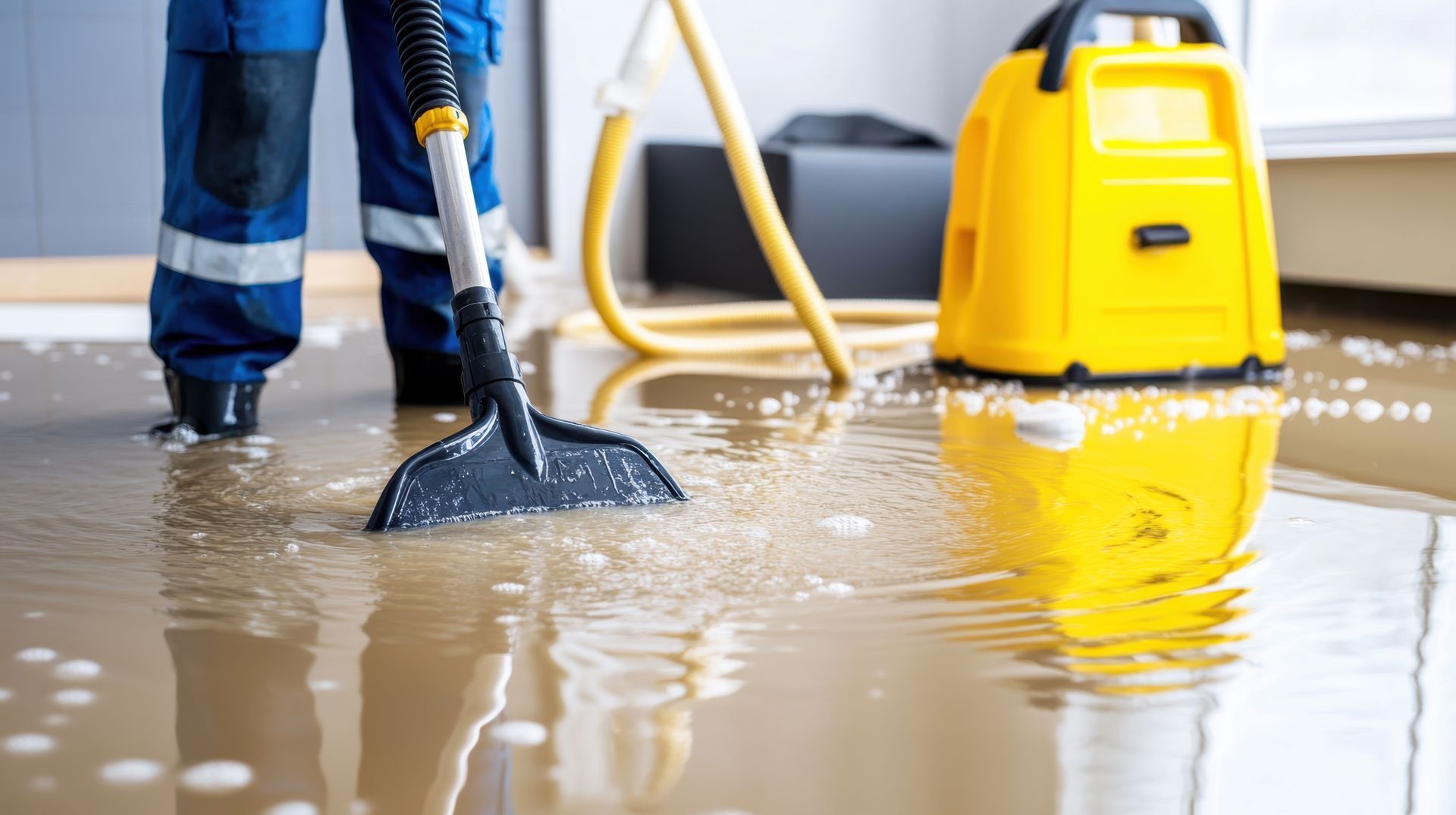 Person im blauen Overall, die mit einer Wasserabsaugmaschine Wasser aus einem überfluteten Raum entfernt.