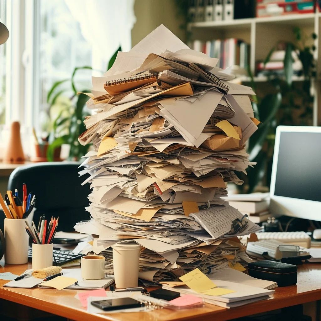 A messy stack of papers is sitting on a desk in front of a computer.