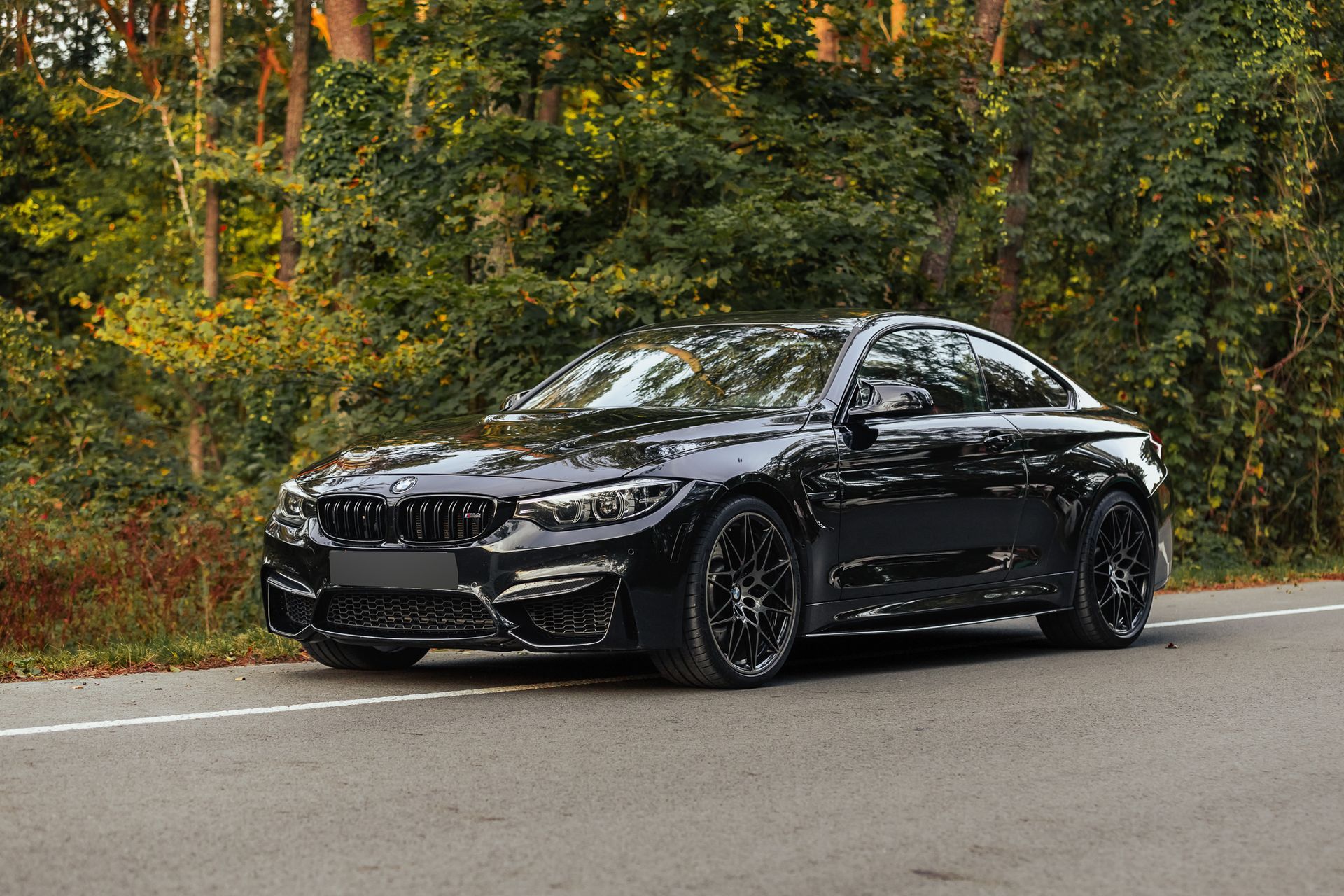 Una BMW M4 nera percorre una strada tra gli alberi.