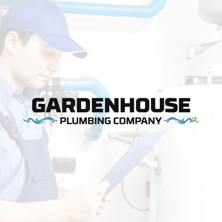 A gardenhouse plumbing company logo with a man working on a pipe