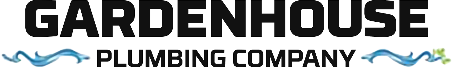 Gardenhouse Plumbing Company logo with black text and blue wave accents