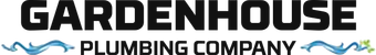 Gardenhouse Plumbing Company logo with black text and blue wave accents