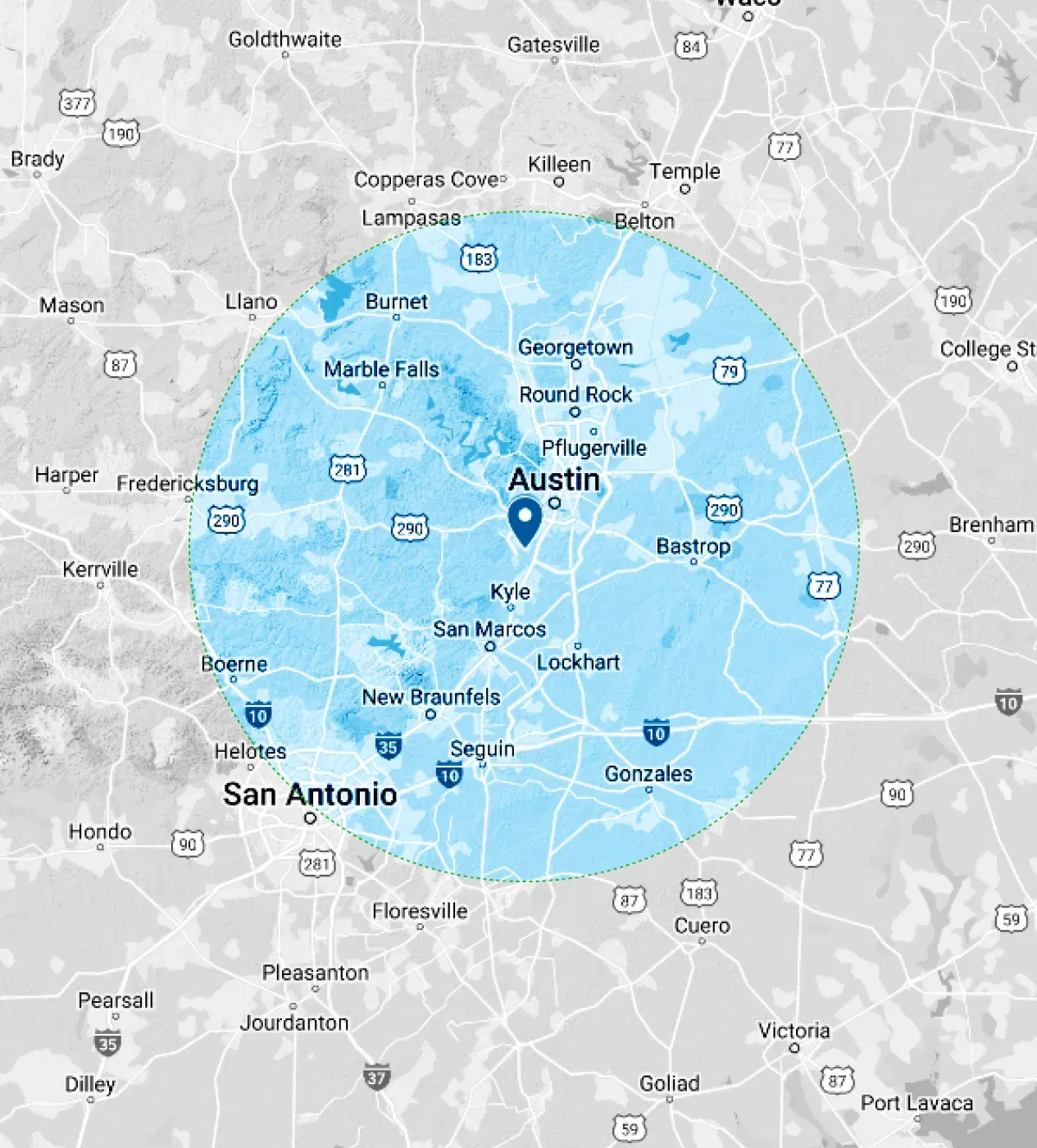 A map showing the location of austin in texas