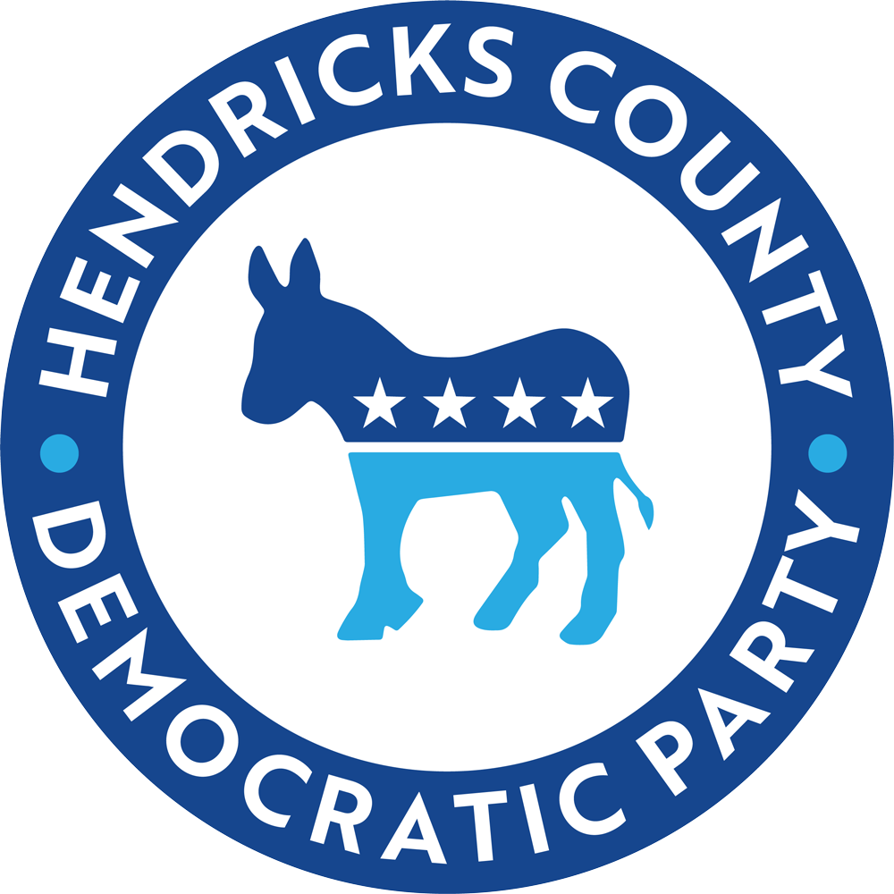Hendricks County Democratic Party logo: blue donkey with stars, surrounded by a blue ring with white text.