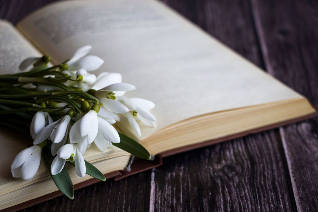 Libro aperto con fiori bianchi su un tavolo di legno scuro