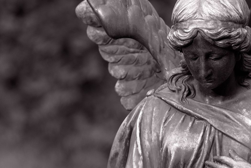 Primo piano di una statua di pietra raffigurante un angelo alato, con lo sguardo rivolto verso il basso, su uno sfondo sfocato.