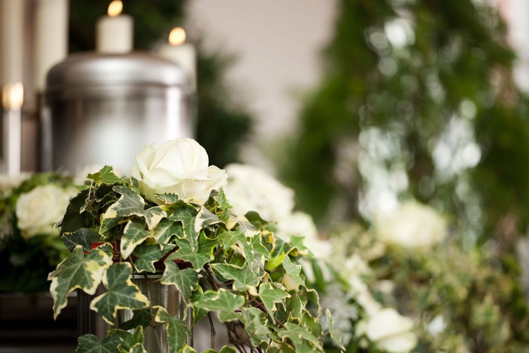 Fiori bianchi ed edera in un giardino interno illuminato da una luce soffusa, con candele sullo sfondo.
