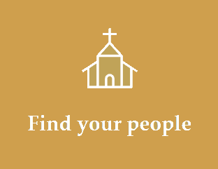 White church icon above “Find your people” on a gold background