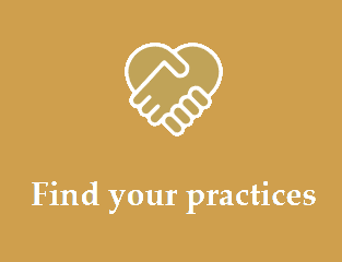 Handshake heart icon above the text “Find your practices” on a gold background