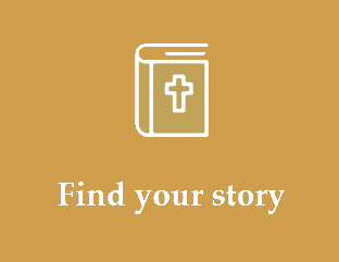White Bible icon above “Find your story” on a mustard-yellow background