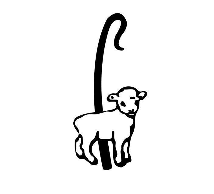 Black-and-white sketch of a lamb with a long curved tail or hook-like stem above it