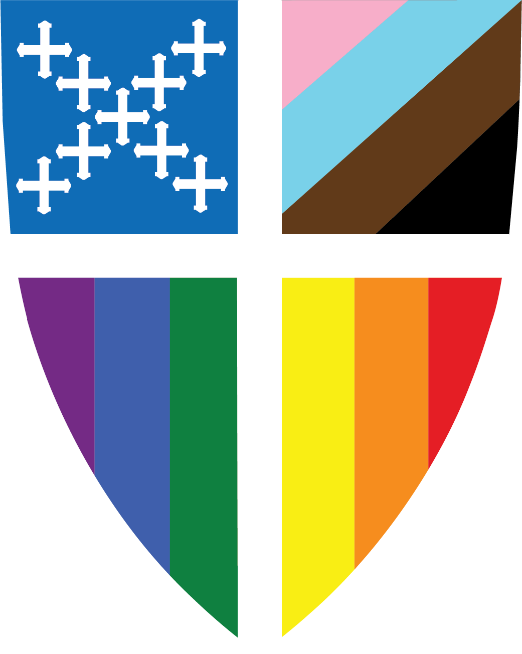 Four colorful shield-style icons arranged in a 2x2 grid, each with bold geometric stripes or patterns.