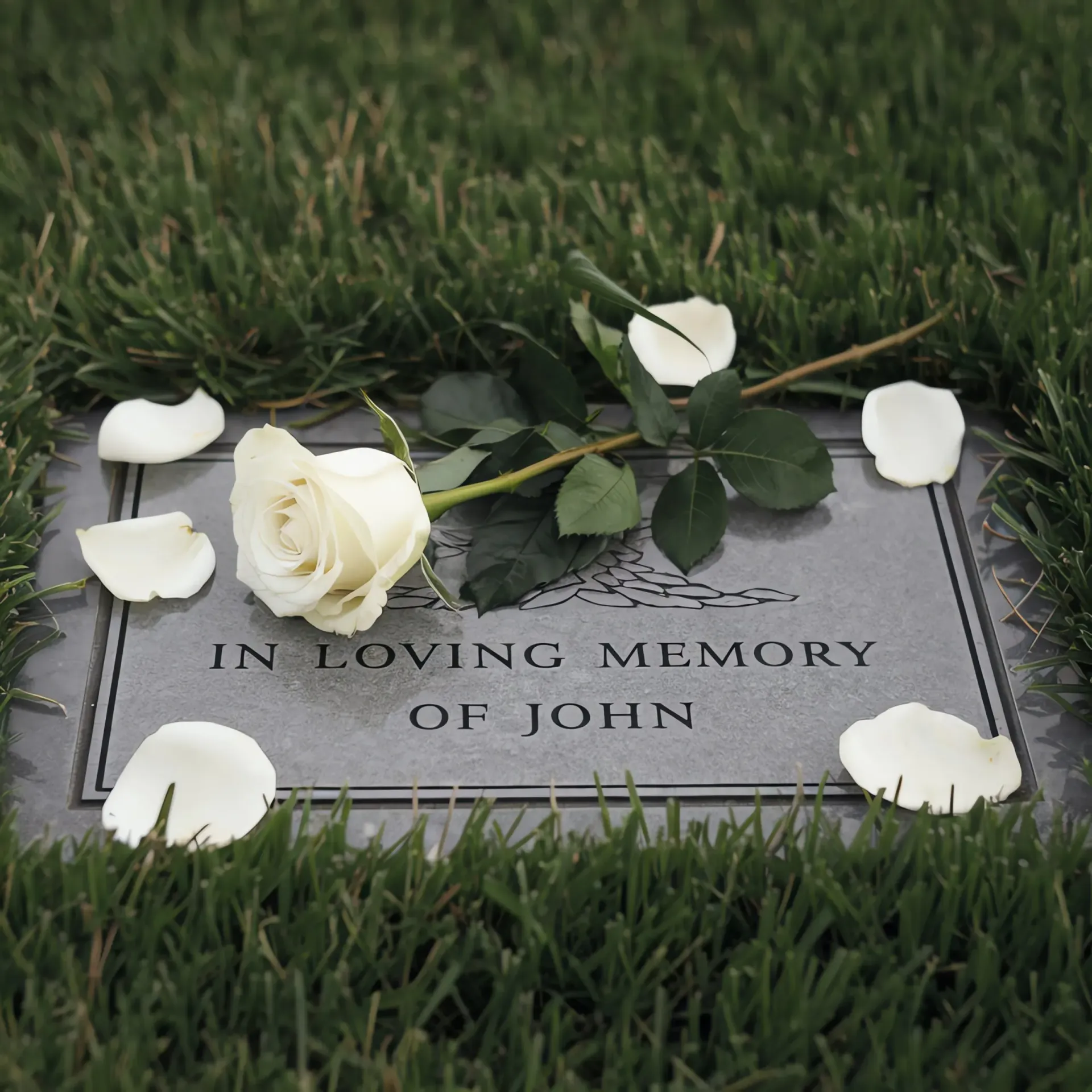 Gravestone engraved “In Loving Memory of John” with white roses lying on top, surrounded by grass