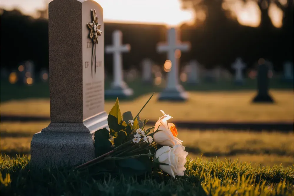 White flowers lie beside a gravestone in a sunlit cemetery at dusk.