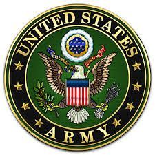 United States Army seal with eagle, flag shield, green background, and gold stars and text.