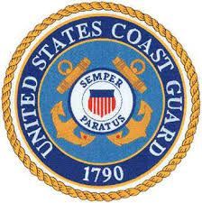 United States Coast Guard emblem: blue, gold, and white seal with anchors, cannons, and text.