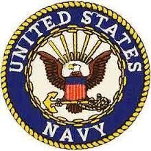 United States Navy emblem: eagle with spread wings holding anchor, surrounded by text on a blue and gold background.