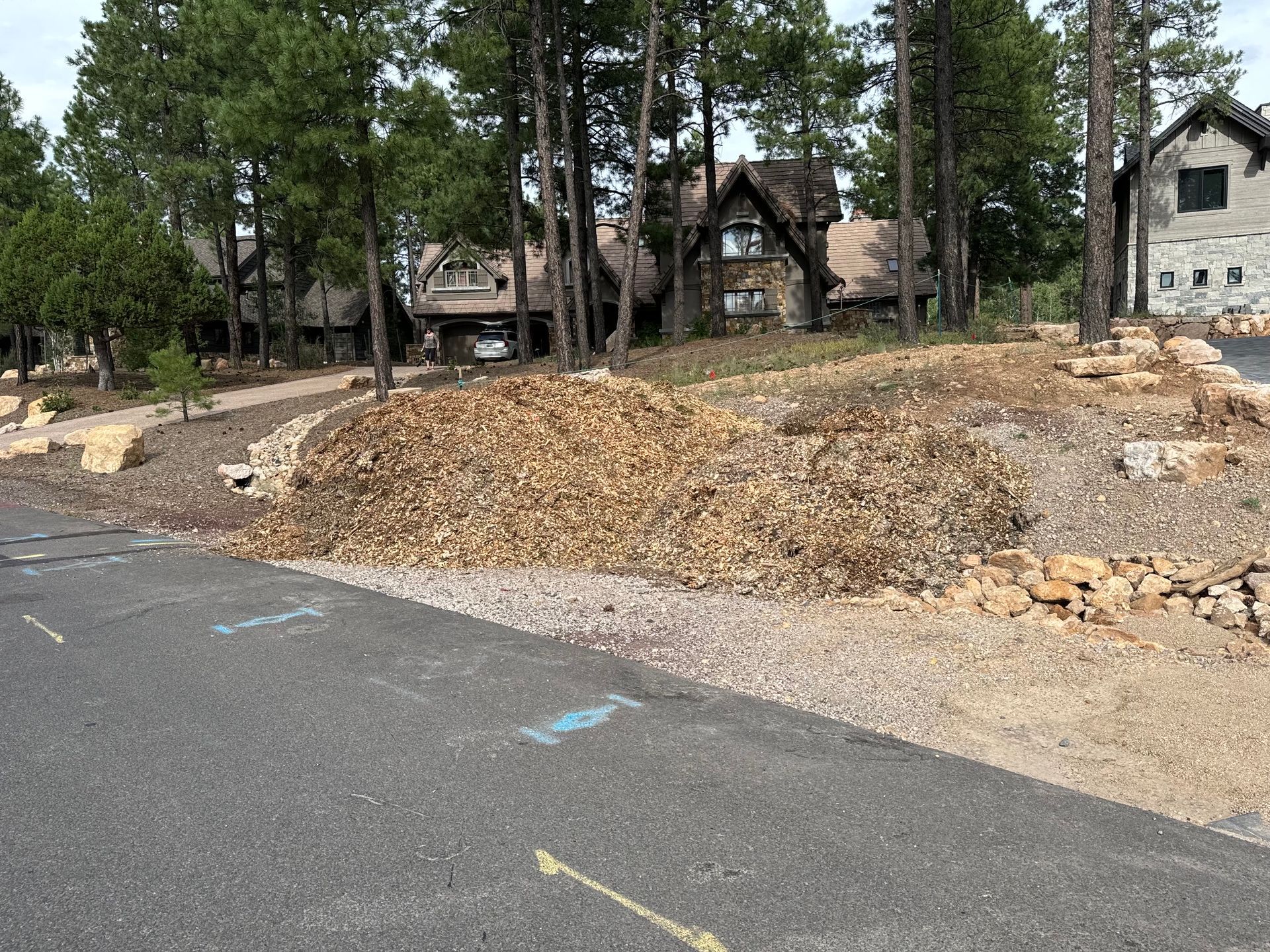 Paved road beside a rocky hillside with pine trees and cabins in the background