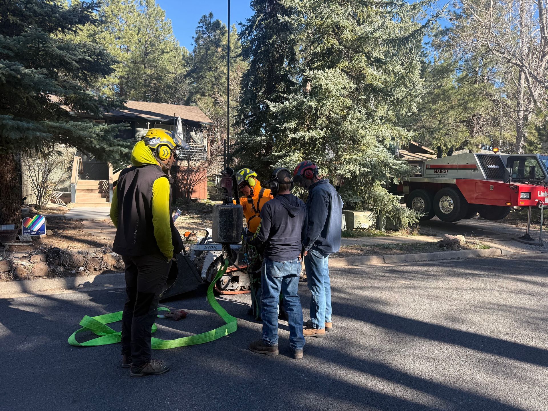 Red utility bucket truck with “Nick’s Tree Service” signage parked on pavement under a clear blue sky.