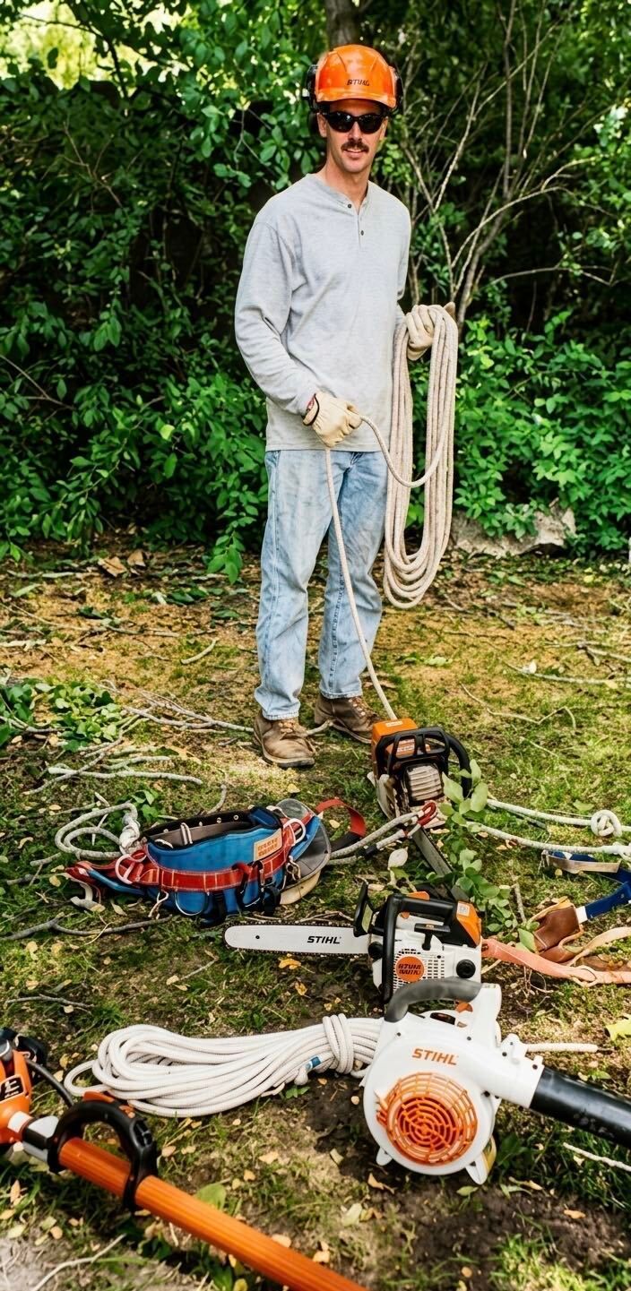 Tree worker in a bucket lift trimming branches beside a large leafy tree