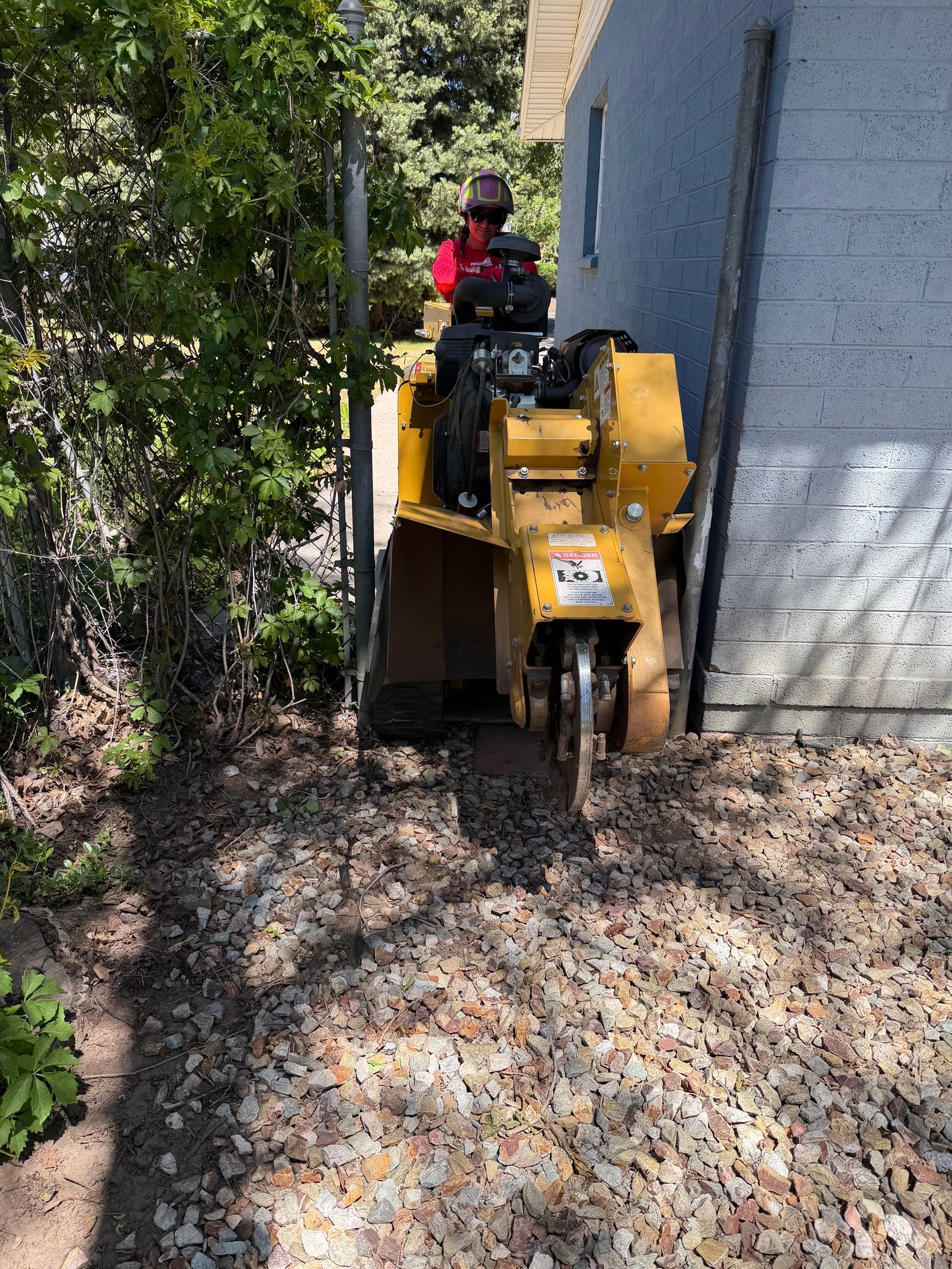 Yellow mini excavator clearing leaves beside a house, with an operator seated at the controls.