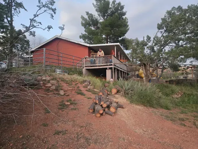 Red cabin on a hill with a porch, trees around it, and a pile of cut logs in the foreground.