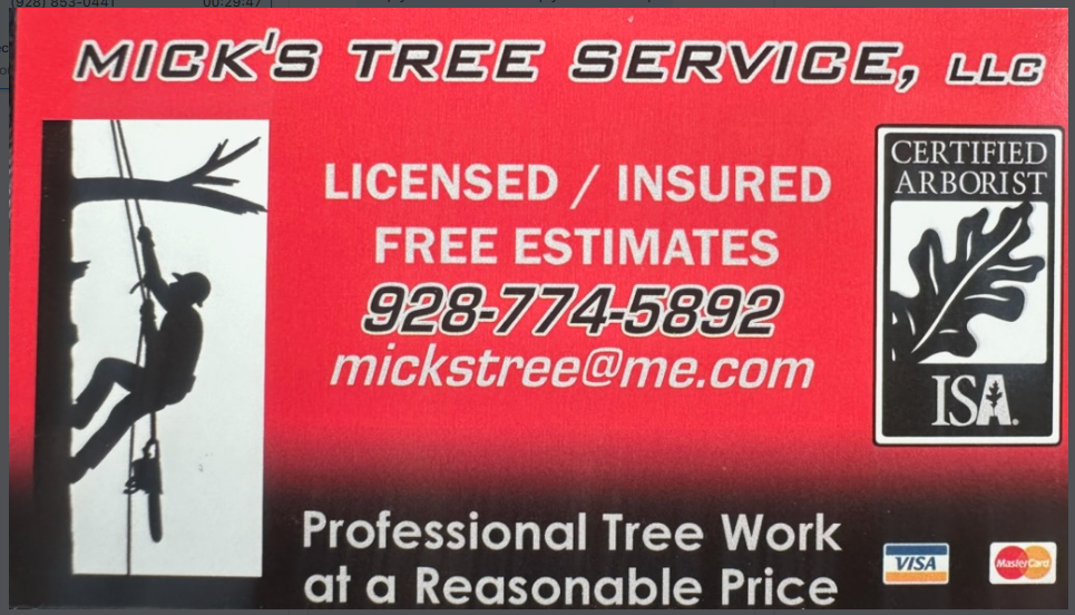 Mick’s Tree Service ad with climber logo, licensed/insured free estimates, phone number, and website on red background